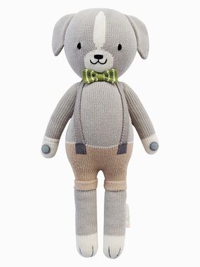 Cuddle and Kind Plush Knit Gray Puppy Doll with Green Bow - Kids Toys